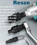 Impact drill chuck adapter set with 1/2-inch drive sockets and power wrench shown in use