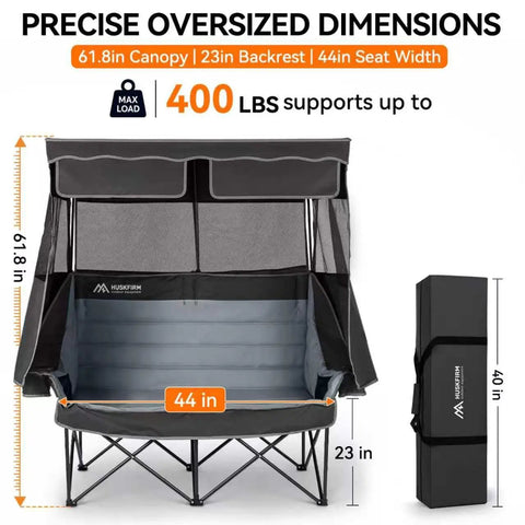 Two Person Camping Chair With Canopy Shade, Oversized Heavy Duty Loveseat with dimensions and carrying bag, black