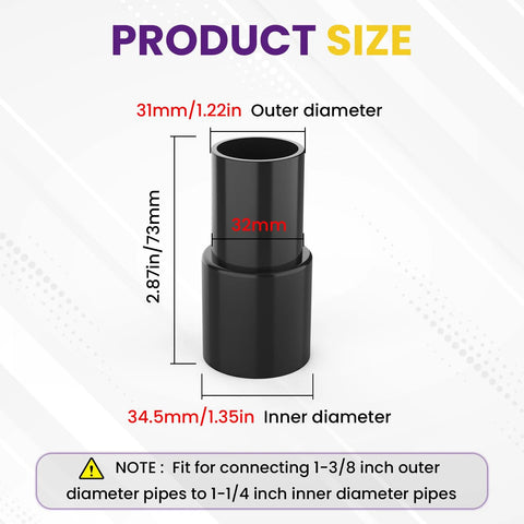 SATUY 2-pack black plastic vacuum hose adapter; converts 1-3/8 in OD to 1-1/4 in ID
