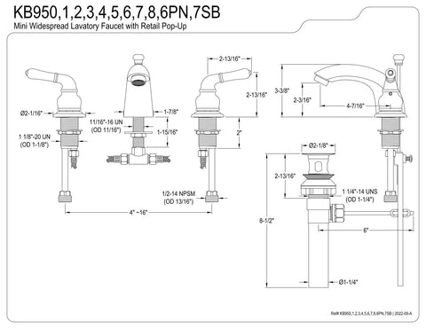 Diagram of Magellan EB954 Mini Widespread Lavatory Faucet With Retail Pop Up 4 Inch To 8 Inch Spread Solid Brass Construction