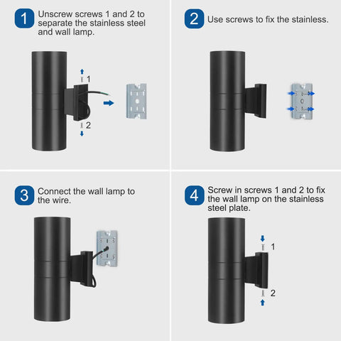 Installation steps for Up And Down Outdoor Wall Lights 96W RGBW Color Changing With RF Remote, showing wall mounting process.