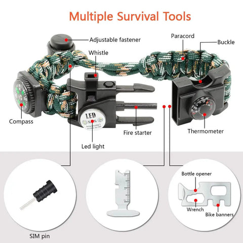 21 In 1 Survival Paracord Bracelet Kit With SOS LED Light Fire Starter Bigger Compass Whistle Thermometer And Ready To Go Rescue Gear