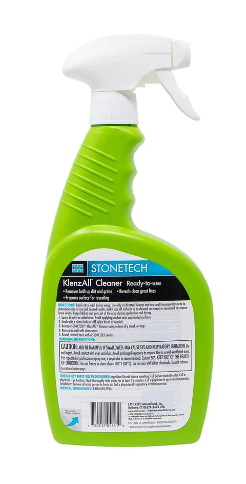 Back view of KlenzAll Heavy Duty Cleaner For Stone And Tile, Grout And Masonry, 24 Oz Spray Bottle, breaks down tough dirt and grease