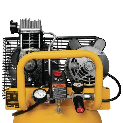 Close-up of Heavy Duty 25 Gallon Vertical Air Compressor With 2 Hp Oil Lube Belt Drive Motor Portable Workshop, showing controls and gauges.