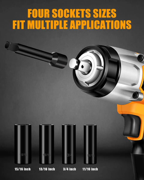Cordless Half Inch Impact Wrench With 370 Foot Pounds Max Torque 0 To 2000 RPM Variable Speed 4Ah Battery Four Drive Sockets And Fast Charger