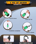 Instruction steps for using the Six Piece One Quarter Inch Hex Shank Drill Bit Holder Keychain with Push to Unlock Aluminum Alloy Body.