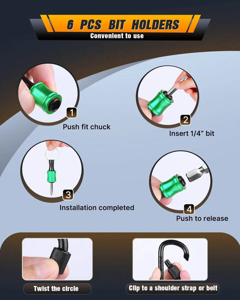 Instruction steps for using the Six Piece One Quarter Inch Hex Shank Drill Bit Holder Keychain with Push to Unlock Aluminum Alloy Body.