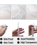 See-Through Vinyl Tubing Three Quarters Inch Inner Diameter By One Inch Outer Diameter, Fifty Feet, Flexible PVC Hose shown coiled and in hand, highlighting flexibility and transparency.