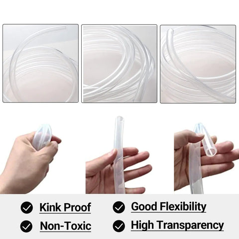 See-Through Vinyl Tubing Three Quarters Inch Inner Diameter By One Inch Outer Diameter, Fifty Feet, Flexible PVC Hose shown coiled and in hand, highlighting flexibility and transparency.