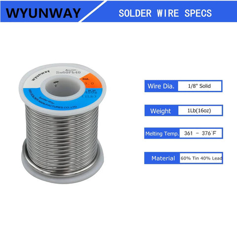 60/40 Tin Lead Solder Wire For Stained Glass Crafting, Flux Free, 1 Lb Spool, 1/8 Inch Diameter, shown with product specs