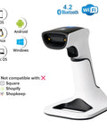 Wireless Portable 1D And 2D Barcode Scanner With Stand Bluetooth USB No Software Needed Rechargeable Battery Handheld Inventory Scanner For POS QR Reader 1D 2D Codes on display with compatible systems listed.