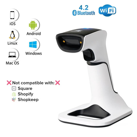 Wireless Portable 1D And 2D Barcode Scanner With Stand Bluetooth USB No Software Needed Rechargeable Battery Handheld Inventory Scanner For POS QR Reader 1D 2D Codes on display with compatible systems listed.