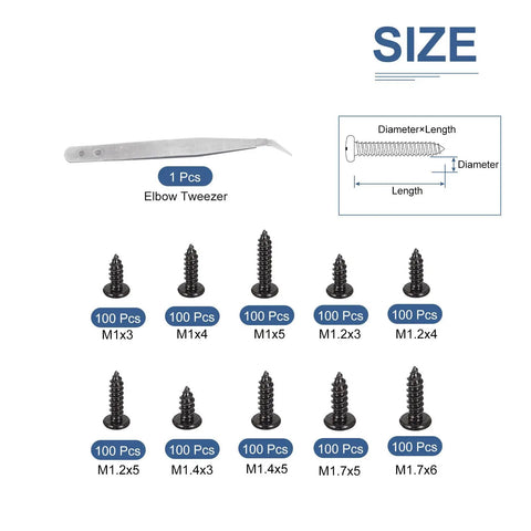 Real Deal Mini Screw Assortment Kit Including 1000 Black Self Tapping Screws Across Ten Metric Sizes Plus Extra Elbow Tweezers for tech repairs.