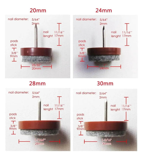 Heavy Duty Chair Leg Floor Protectors 20pcs Brown details with nail dimensions and size variations 20mm to 30mm.