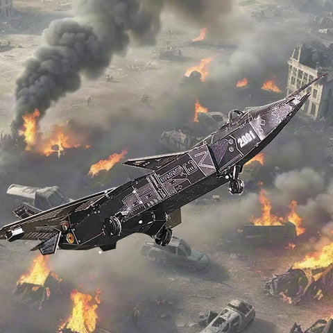 Metal Fighter Jet Puzzle For Adults And Military Enthusiasts, Dope DIY Attack Plane Model Kit For Men flying over fiery battlefield