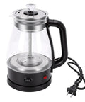 Straight Up Heavy Duty One Liter Borosilicate Glass Electric Kettle And Tea Boiler With Two Hour Keep Warm Feature angle view with stainless steel lid.