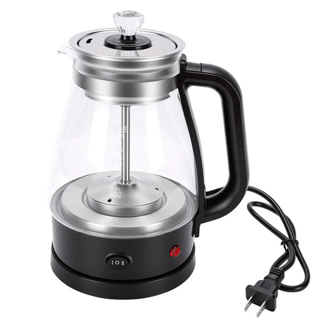 Straight Up Heavy Duty One Liter Borosilicate Glass Electric Kettle And Tea Boiler With Two Hour Keep Warm Feature angle view with stainless steel lid.