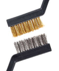Close-up of two brushes from the Ten Piece Small Wire Brush Set with Curved Handle for Welding Slag Rust Deburring and Metal Cleaning.