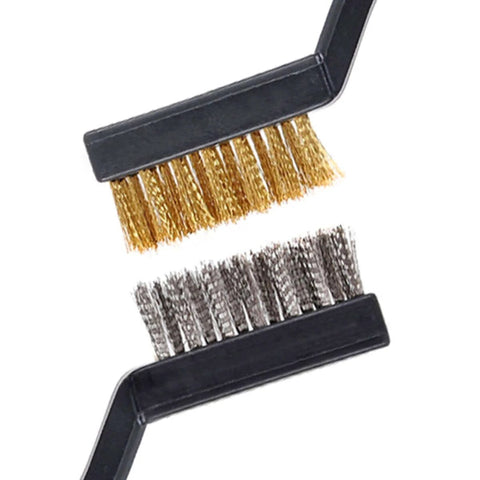 Close-up of two brushes from the Ten Piece Small Wire Brush Set with Curved Handle for Welding Slag Rust Deburring and Metal Cleaning.