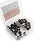 Slick Gun Metal Chicago Binding Screws, Clutch 36 Piece M5x6mm Nickel Plated Rivet Kit in clear case, ideal for leathercraft.