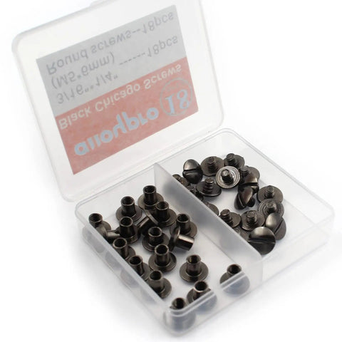 Slick Gun Metal Chicago Binding Screws, Clutch 36 Piece M5x6mm Nickel Plated Rivet Kit in clear case, ideal for leathercraft.