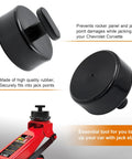 4 Pack Corvette Floor Jack Pads For Lift Pucks C5 C6 C7 C8 Models Safe Lifting Rubber Jack Point Pads That Prevent Frame And Side Skirt Damage Easy Fit And Durable For Quick Stable Lifts, shown with close-up of rubber pad and car jack