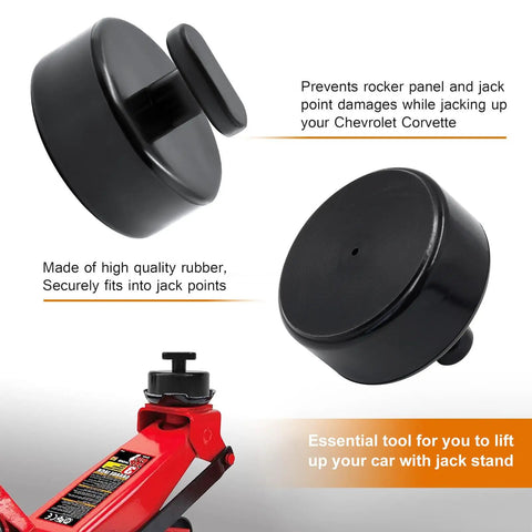 4 Pack Corvette Floor Jack Pads For Lift Pucks C5 C6 C7 C8 Models Safe Lifting Rubber Jack Point Pads That Prevent Frame And Side Skirt Damage Easy Fit And Durable For Quick Stable Lifts, shown with close-up of rubber pad and car jack