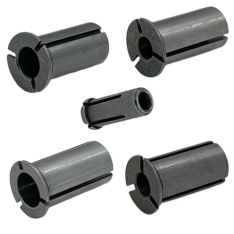 Five-piece Pro Grade Stainless Steel Router Collet Chuck Set with various sizes for rotary tools.