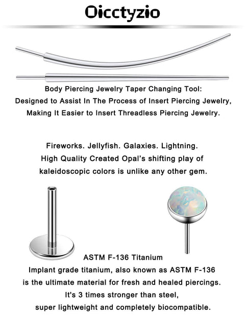 F136 Titanium Threadless Opal Flat Back Stud Earrings, with medical grade taper insertion tool, showing opal and titanium details.