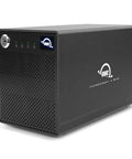 Heavy Duty Four Bay Thunderbolt 2 Drive Enclosure With Slick Aluminum Frame And Badass 16TB Raid Capability Delivering Insanely Fast 1480 Megabyte Transfers For Mac Or Pc Users showing sleek black design and status lights.
