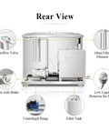 Rear view of Heavy Duty 88 Liter Ultrasonic Cleaning Machine showcasing waterflow valve, filter, and caster wheels.
