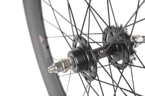 Carbon Single Speed Track Wheelset 88mm Clincher Rims matte finish 23mm wide lightweight durable Toray build hub detail