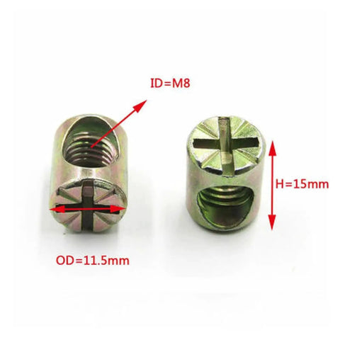 Furniture Barrel Nuts And Hammer Nuts Kit for DIY Woodworking, M8 screws, zinc alloy, cross connector, OD 11.5mm, H 15mm