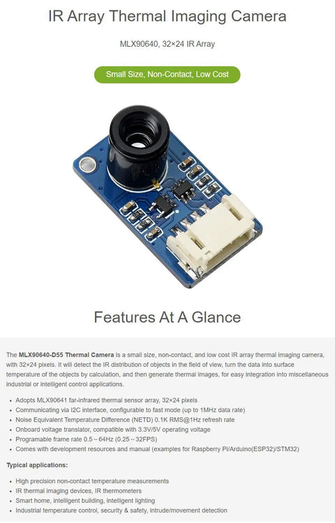 MLX90640 Infrared Thermal Imaging Camera With 32 By 24 Pixel Array And 55 Degree Field Of View Over I2C Interface For Plug And Play