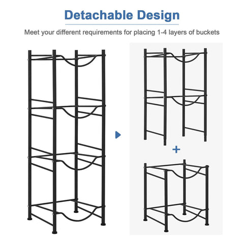 Heavy Duty 4 Tier 5 Gallon Water Jug Holder Rack with Detachable Bottle Organizer Shelf for Home Kitchen Office Breakroom, space-saving steel frame, detachable design shown.