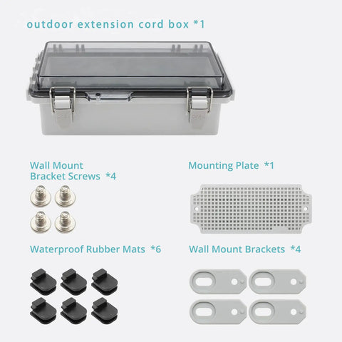 Mini Outdoor Extension Cord Cover Box With Clear View Lid For Secure Outlet Plug Protection And Heavy-Duty Weatherproof Shielding shown with accessories.