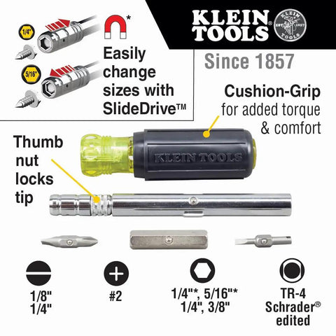 8 In 1 Magnetic Screwdriver And Nut Driver With Sliding Head For HVAC Quick Change Between Hex Phillips And Schrader Bits shown with components