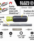 HVAC Tool Kit With 3 In 1 Pocket Screwdriver displaying interchangeable bits and Cushion-Grip handle for comfort and torque.