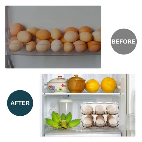 Auto Rolling Egg Holder For Fridge With Lid Large Capacity Clear Plastic Egg Dispenser Tray And Bin Easy Slide Front Fill Space Saving Fridge Organizer For Refrigerators in before and after comparison showing organized eggs in fridge
