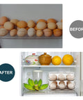 Before and after of Auto Rolling Egg Holder For Fridge With Lid 3 Layer Clear Plastic Egg Dispenser And Organizer Stackable Tray System For Easy Egg Access Keeps Eggs Fresh And Handy No Lid Open Needed Fridge Storage Solution in a refrigerator
