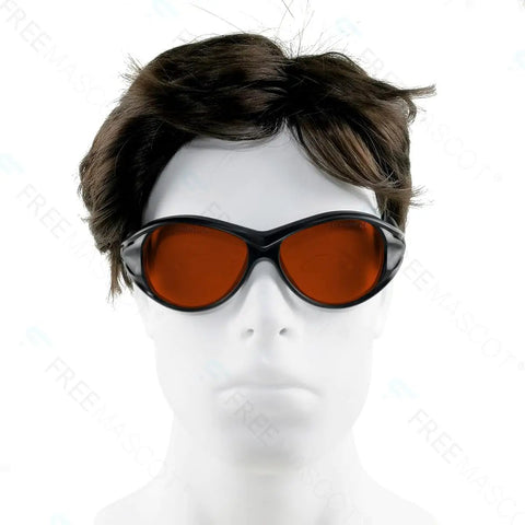 Mannequin wearing OD 6 Plus Laser Safety Specs For 190nm To 550nm Wavelengths, black frame, clear orange lenses.