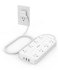 Heavy Duty Power Strip Surge Protector With 6 Ft Flat Plug Extension Cord Eight Widely Spaced Outlets And Quick Charge USB C A Ports next to a wall outlet.