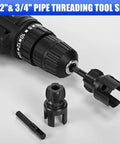 Lanties 2 Pcs Pipe Threader Kit For Fast Diy Plumbing Repairs And Irrigation Setups showing 1/2 inch and 3/4 inch pipe threading tools with electric drill attachment.