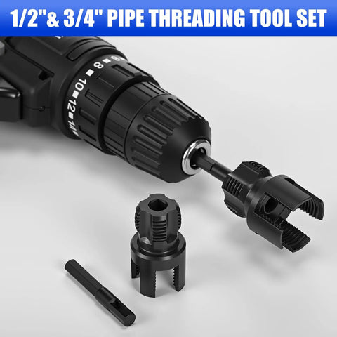 Lanties 2 Pcs Pipe Threader Kit For Fast Diy Plumbing Repairs And Irrigation Setups showing 1/2 inch and 3/4 inch pipe threading tools with electric drill attachment.