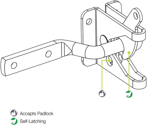 Illustration of heavy duty gate latch set for wooden fences showing self-closing latch with pull string and decorative metal handle