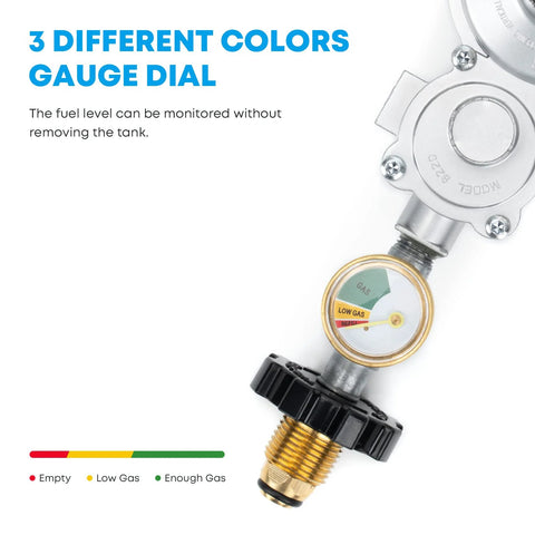 Propane regulator with gauge shown in angled front view; brass fittings and 3/8 in NPT and P.O.L connections