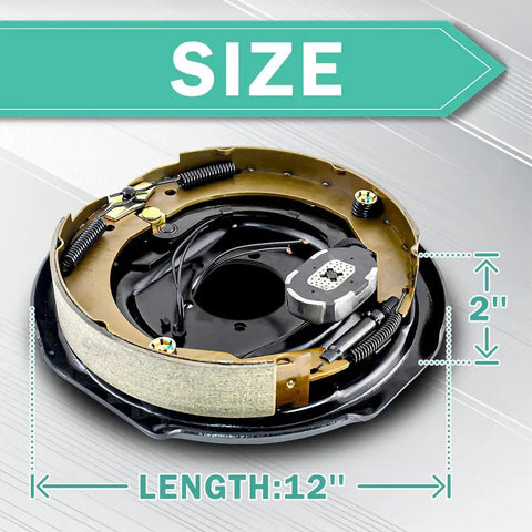 Heavy Duty 12 Inch X 2 Inch Electric Hydraulic Trailer Brake Kit For 7000 Lb Axles showing the brake assembly size clearly.