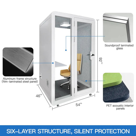 Rock Solid Soundproof Office Pod Featuring Tight Acoustic Sealing For Mobile Focus Booth, soundproof laminated glass, aluminum frame.