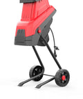 Electric Wood Chipper And Shredder with 15 Amp Motor on stand, side view, red and black design, compact mulcher for yard cleanup