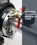 Heavy Duty Pneumatic Strap Launcher For Flatbed Trucks, air powered winch tool quick connect fitting close-up of valve and connection.